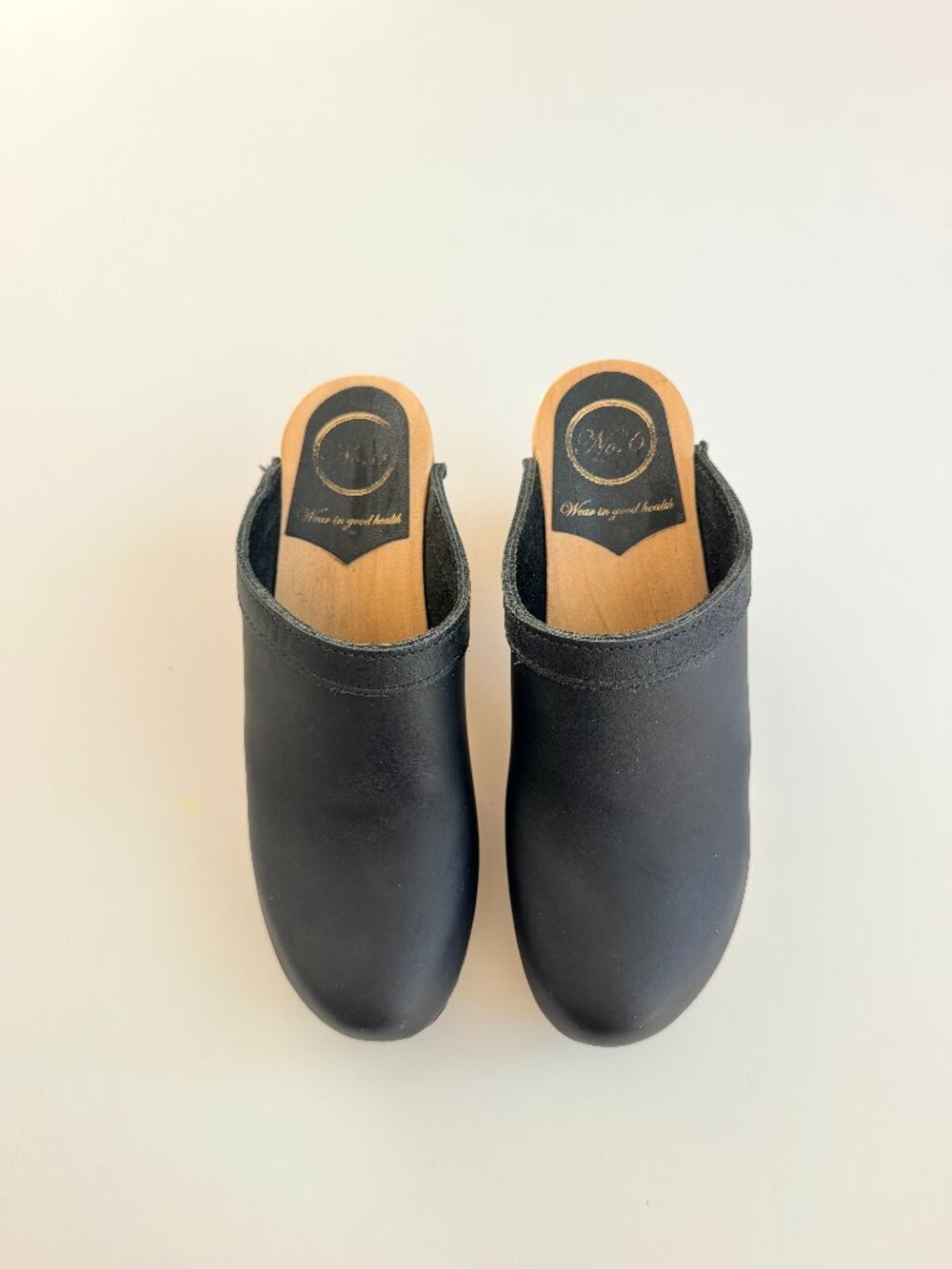 No.6 Old School High Heel Wood Base Black Leather Clogs Size EU39